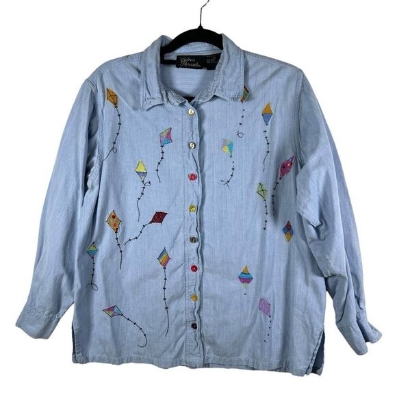 Vintage Button Up Chambray Top Kite Design Embroidery Womens Sz Large Cotton - Picture 1 of 8